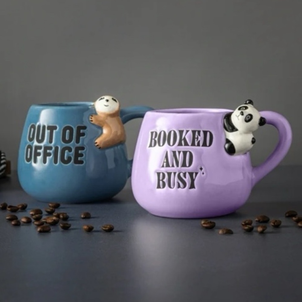 PAIR OF STONEWARE COFFEE MUGS SLOTH AND PANDA OFFICE GIFT MUG